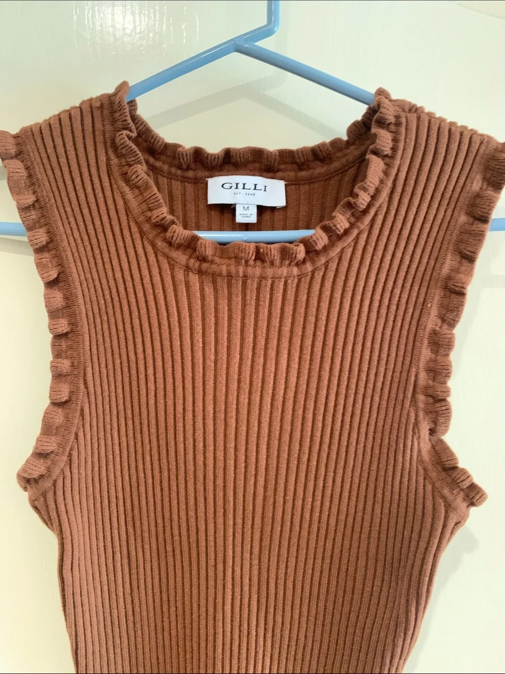 Gilli Chocolate Brown Ribbed Ruffle-Trim Tank - Picture 3 of 5